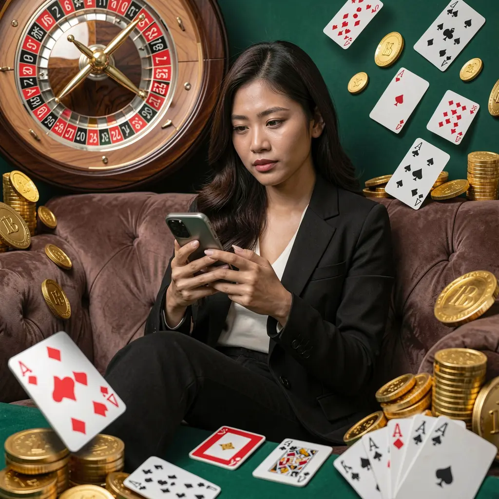 Stylish Filipino woman relaxing on a sofa while using the XPHJILI casino app surrounded by roulette wheels playing cards and floating gold coins