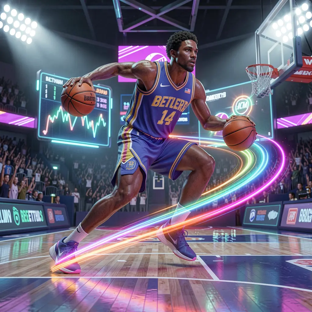 Futuristic basketball player surrounded by vibrant neon light trails in a dynamic arena scene representing high energy betting action on XPHJILI