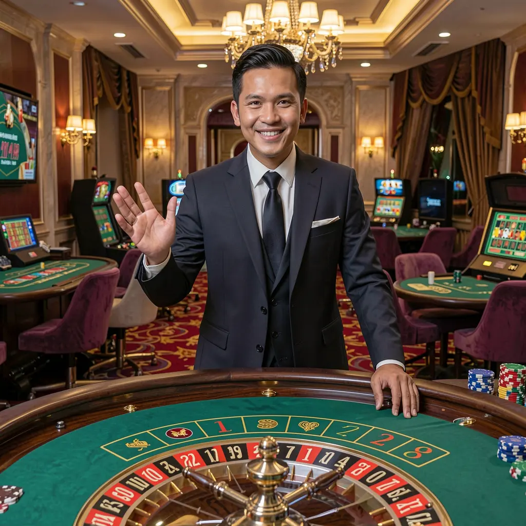 Charming live casino dealer at a roulette table with a welcoming gesture inside the vibrant XPHJILI online casino for players in the Philippines