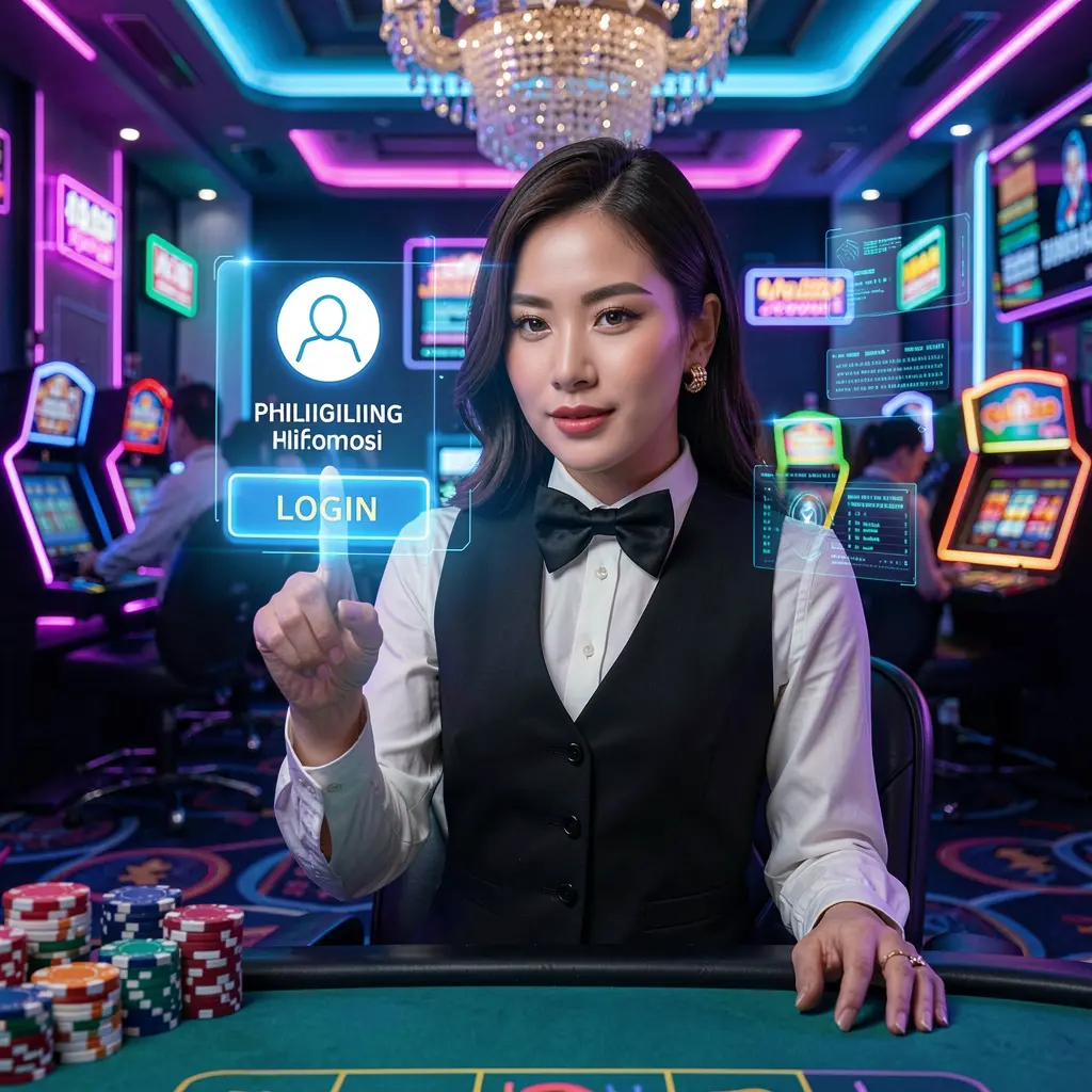 Professional casino dealer pointing at a glowing virtual login button with neon lights representing secure access to XPHJILI in the Philippines
