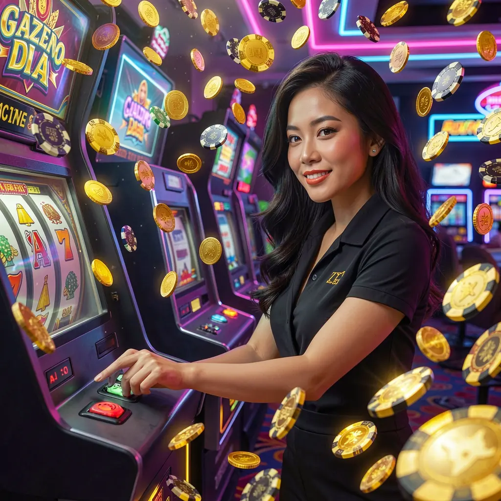 A stylish Filipino woman enjoying vibrant slot gameplay surrounded by glowing coins on XPHJILI, a premium online casino platform for players in the Philippines